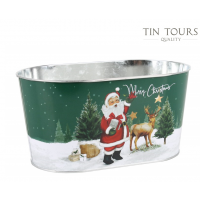 GREEN METAL BASKET WITH SANTA CLAUS