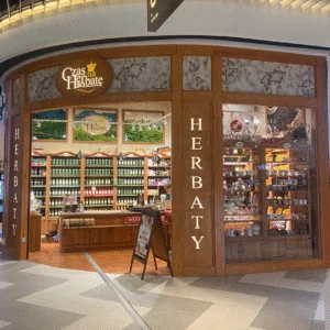 The entrance to the Czas na Herbatê store in the Serenada shopping center in Krakow, Poland.