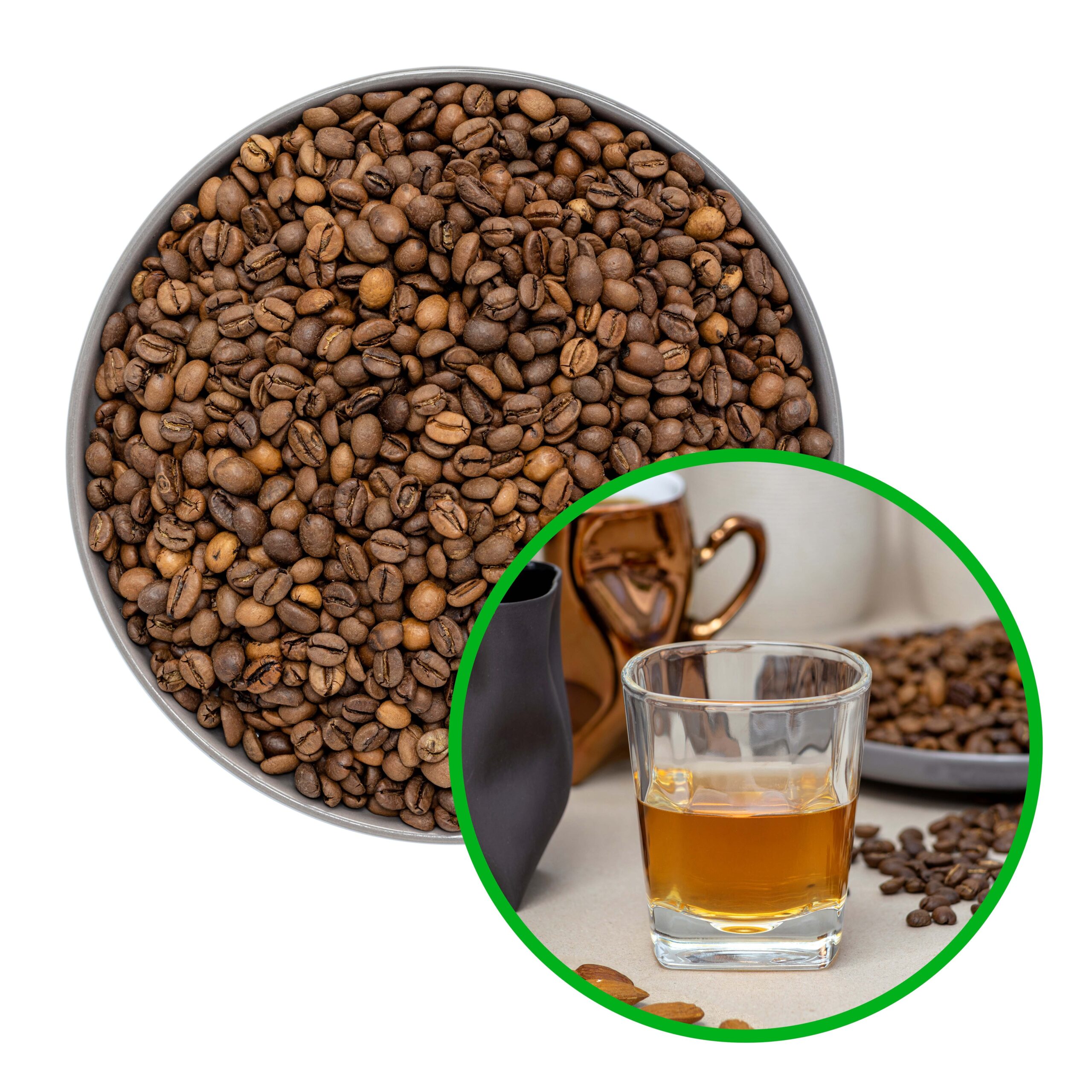 Ziarna kawy w miseczce, w prawym dolnym rogu nałożone zdjęcie szklanki z alkoholem, wokół ziarna kawy, mlecznik i filiżanka.