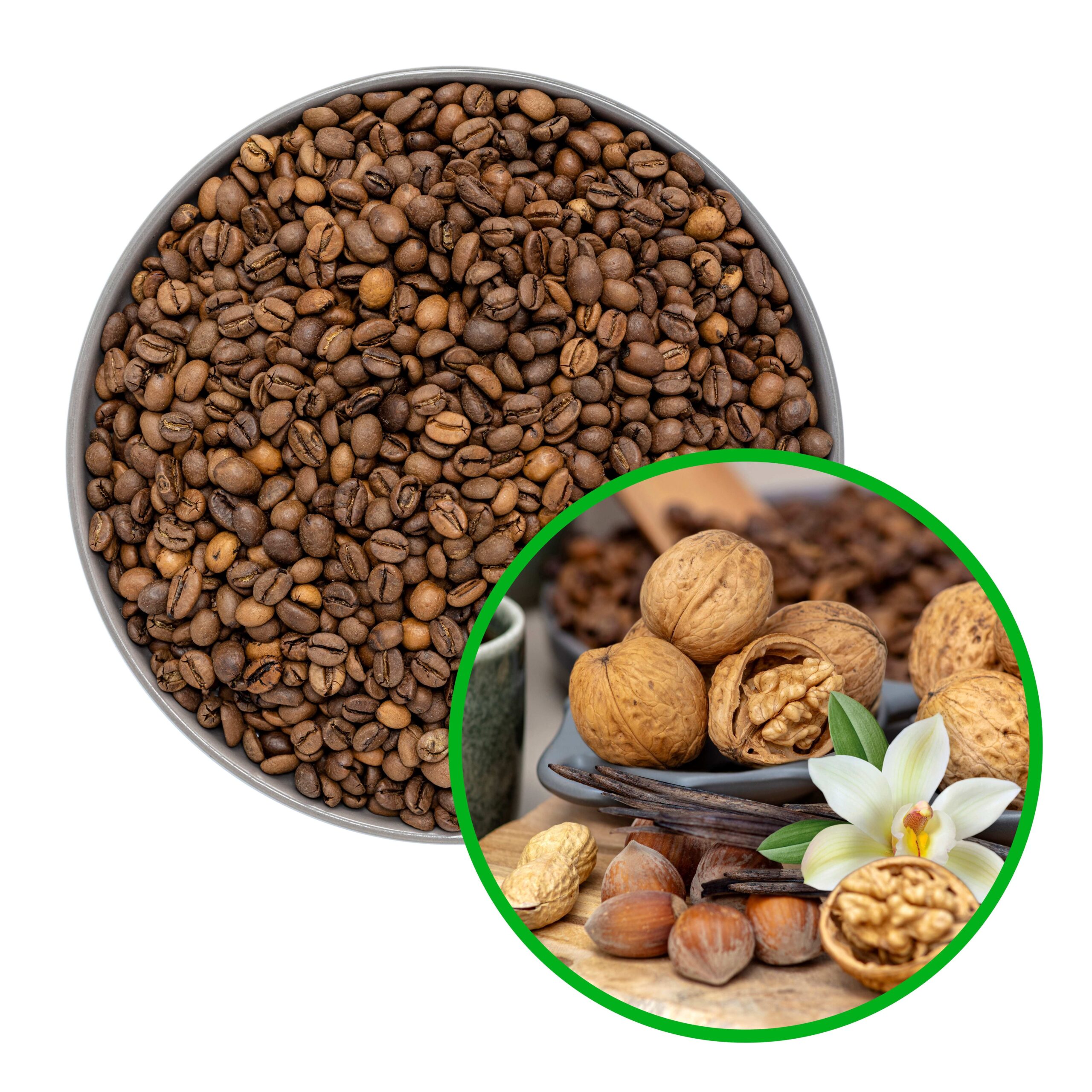 Ziarna kawy w miseczce, w prawym dolnym rogu nałożone zdjęcie orzechów włoskich, laskowych, wanilii oraz kwiatem wanilii w kompozycji z ziarnami kawy.