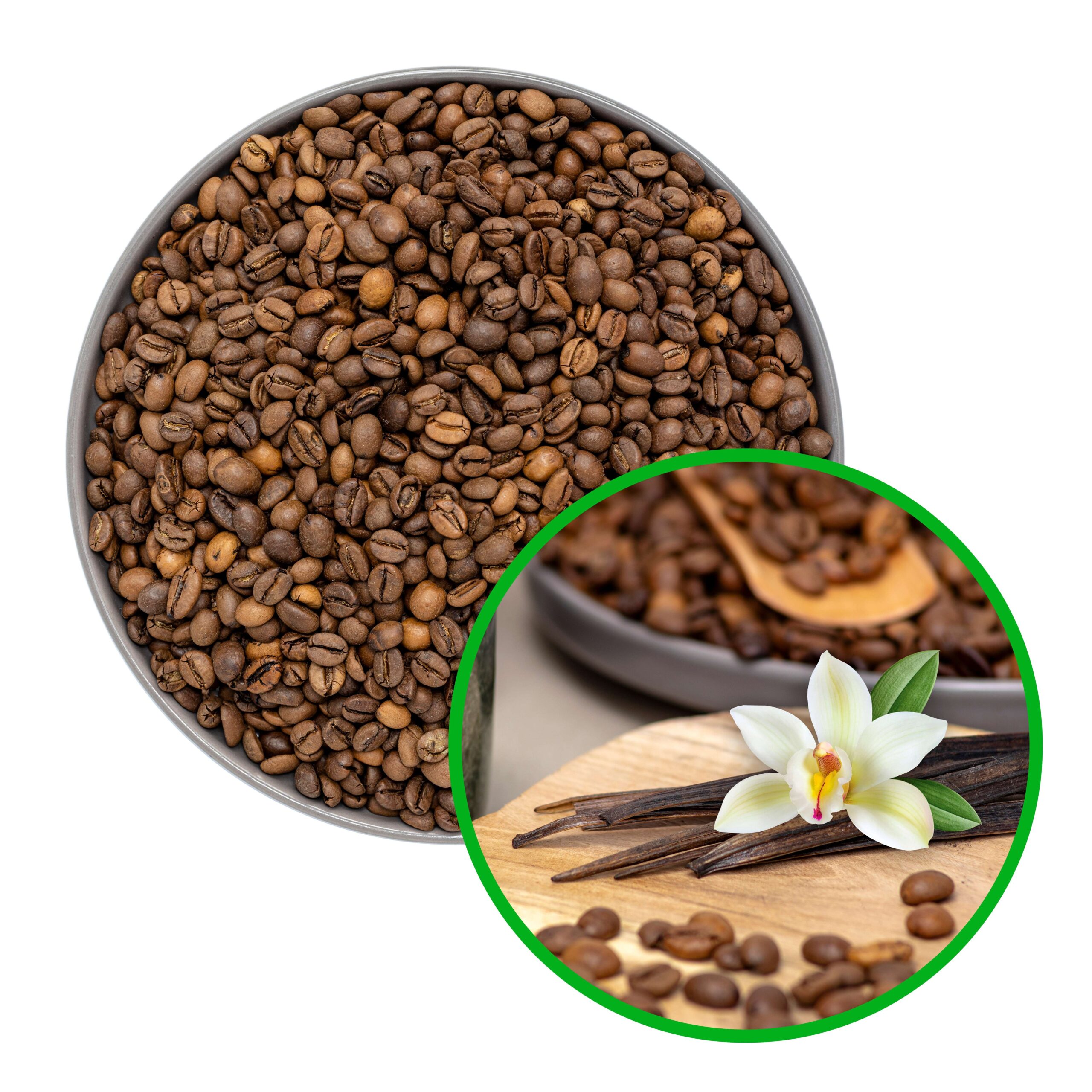 Ziarna kawy w miseczce, w prawym dolnym rogu nałożone zdjęcie lasek i kwiatów wanilii na tle ziaren kawy.