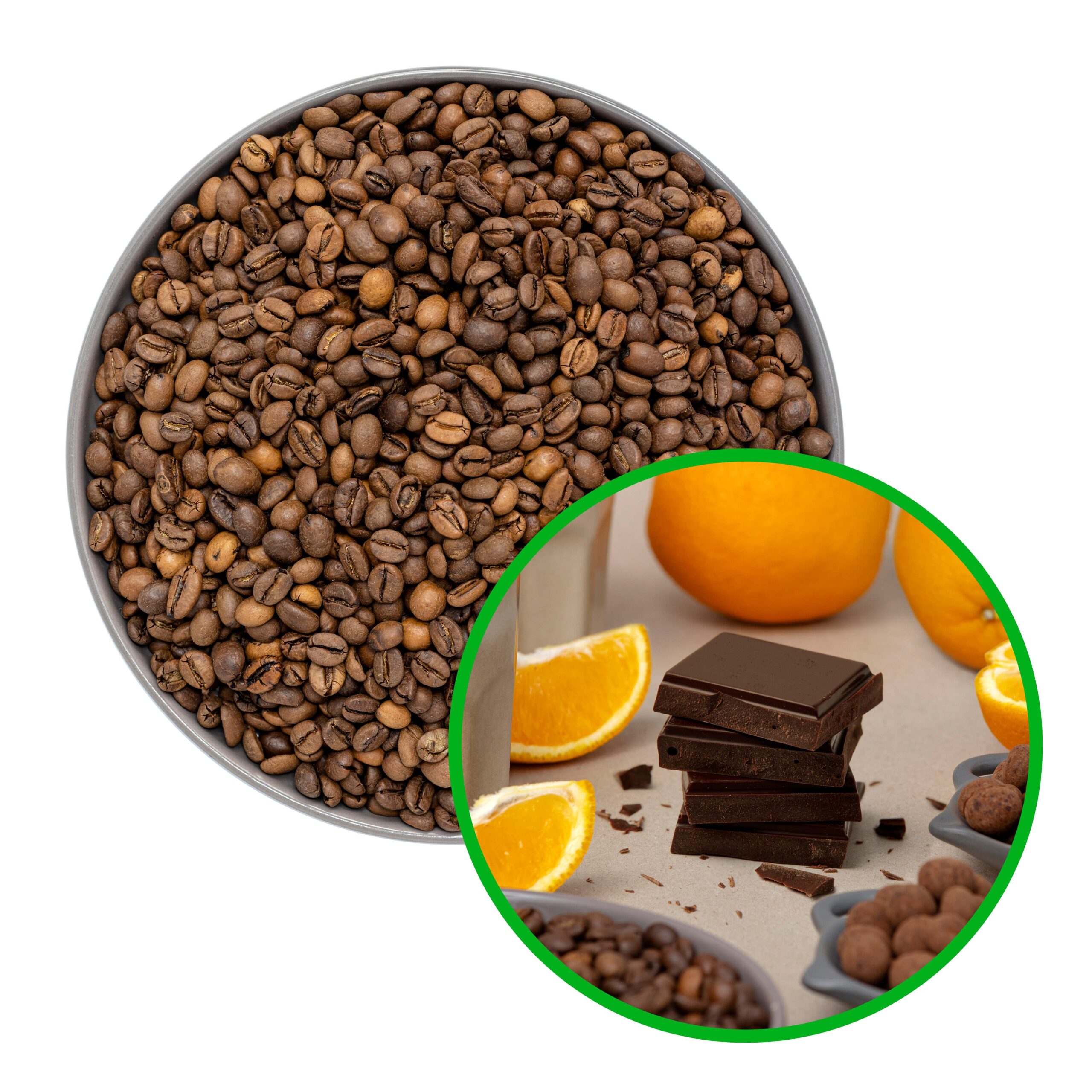 Ziarna kawy w miseczce, w dolnym prawym rogu nałożone zdjęcie gorzkiej czekolady wśród kawałków świeżej pomarańczy i ziaren kawy.