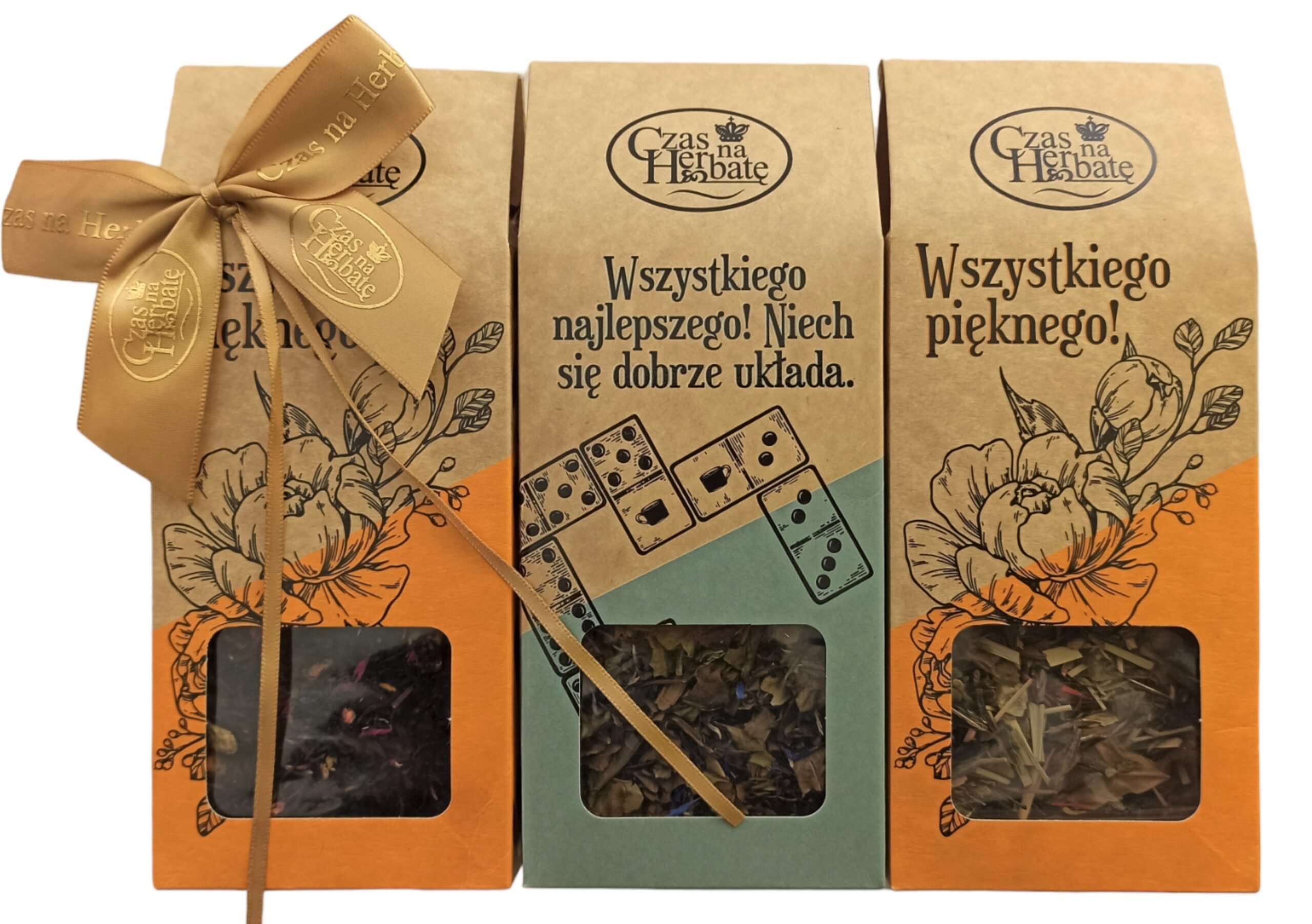 Zestaw trzech herbat w kartonikach z napisami „Wszystkiego pięknego!” oraz „Wszystkiego najlepszego! Niech się dobrze układa”, z dekoracyjną kokardką.