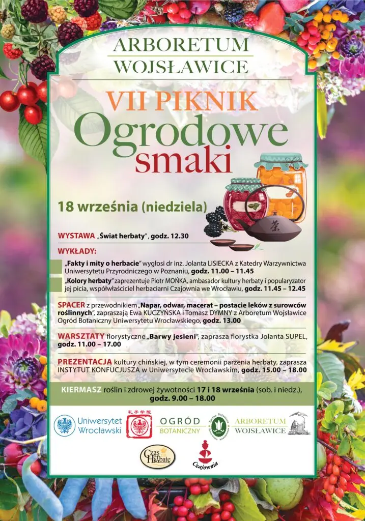 Plakat VII Pikniku „Ogrodowe smaki” w Arboretum Wojsławice: program, data 18 września, ilustracje owoców i herbaty.