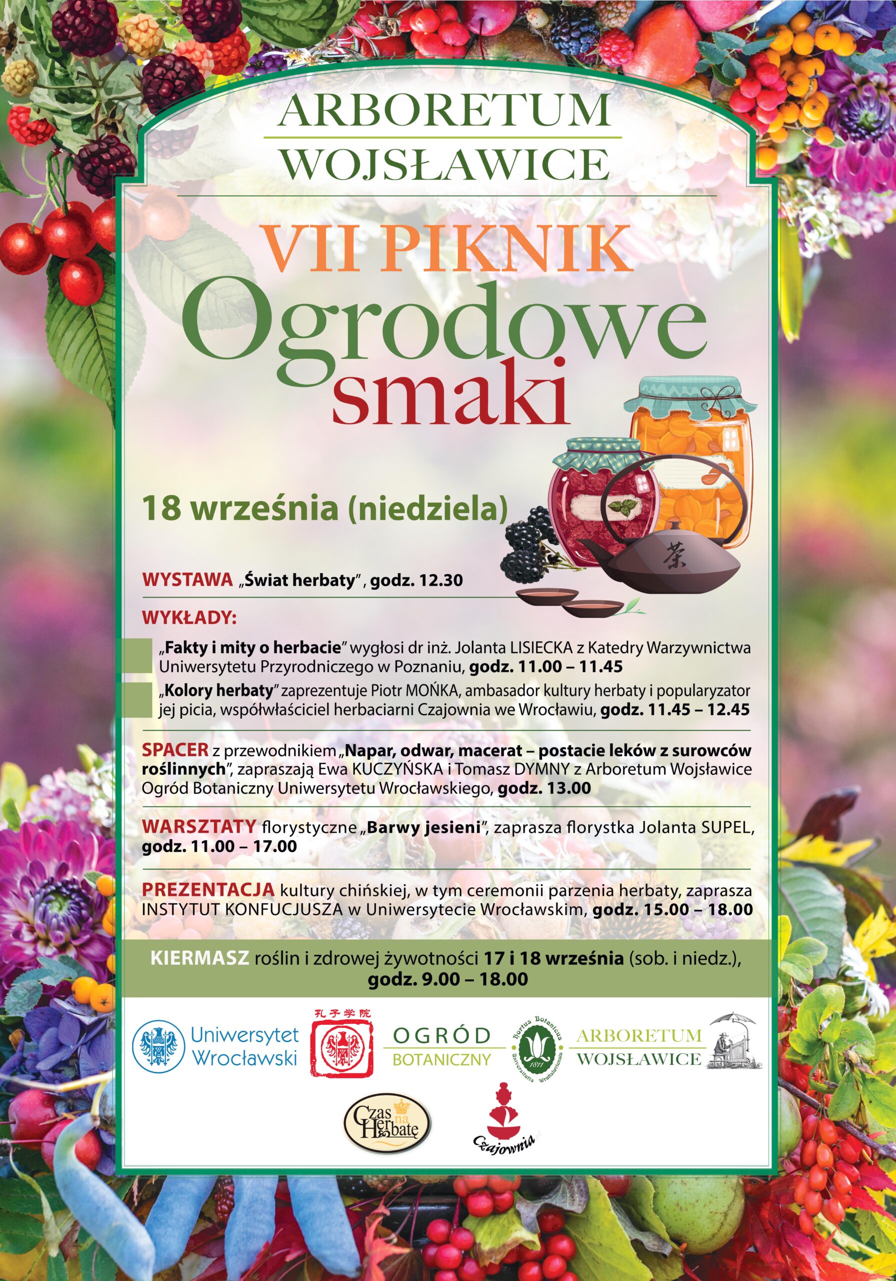 Plakat VII Pikniku „Ogrodowe smaki” w Arboretum Wojsławice: program, data 18 września, ilustracje owoców i herbaty.