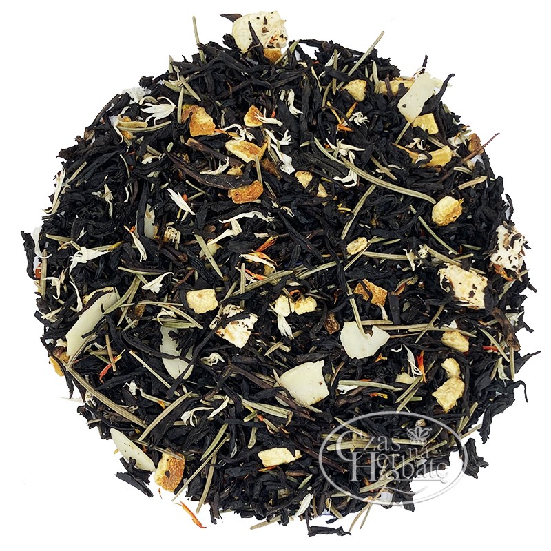 Black tea with orange peel, almond, cinnamon, spruce needles, peach, white cornflower