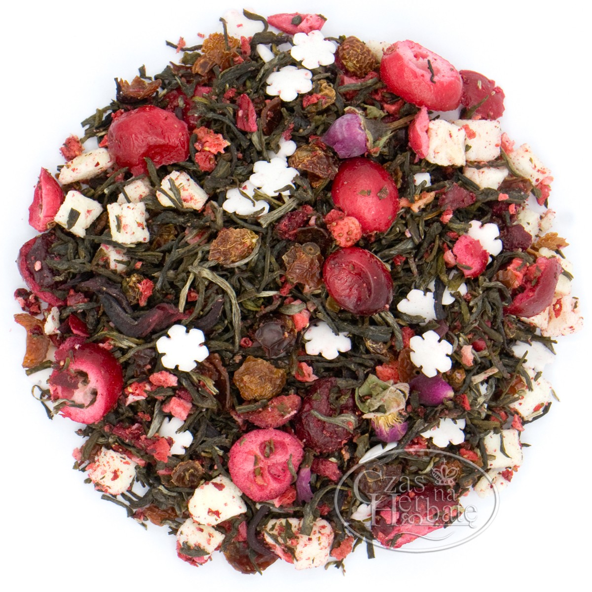 Herbata zielona z dodatkiem skórki owocu dzikiej róży, białych śnieżynek, truskawki, żurawiny, wiśni, jabłka, hibiskusa i pąków róży