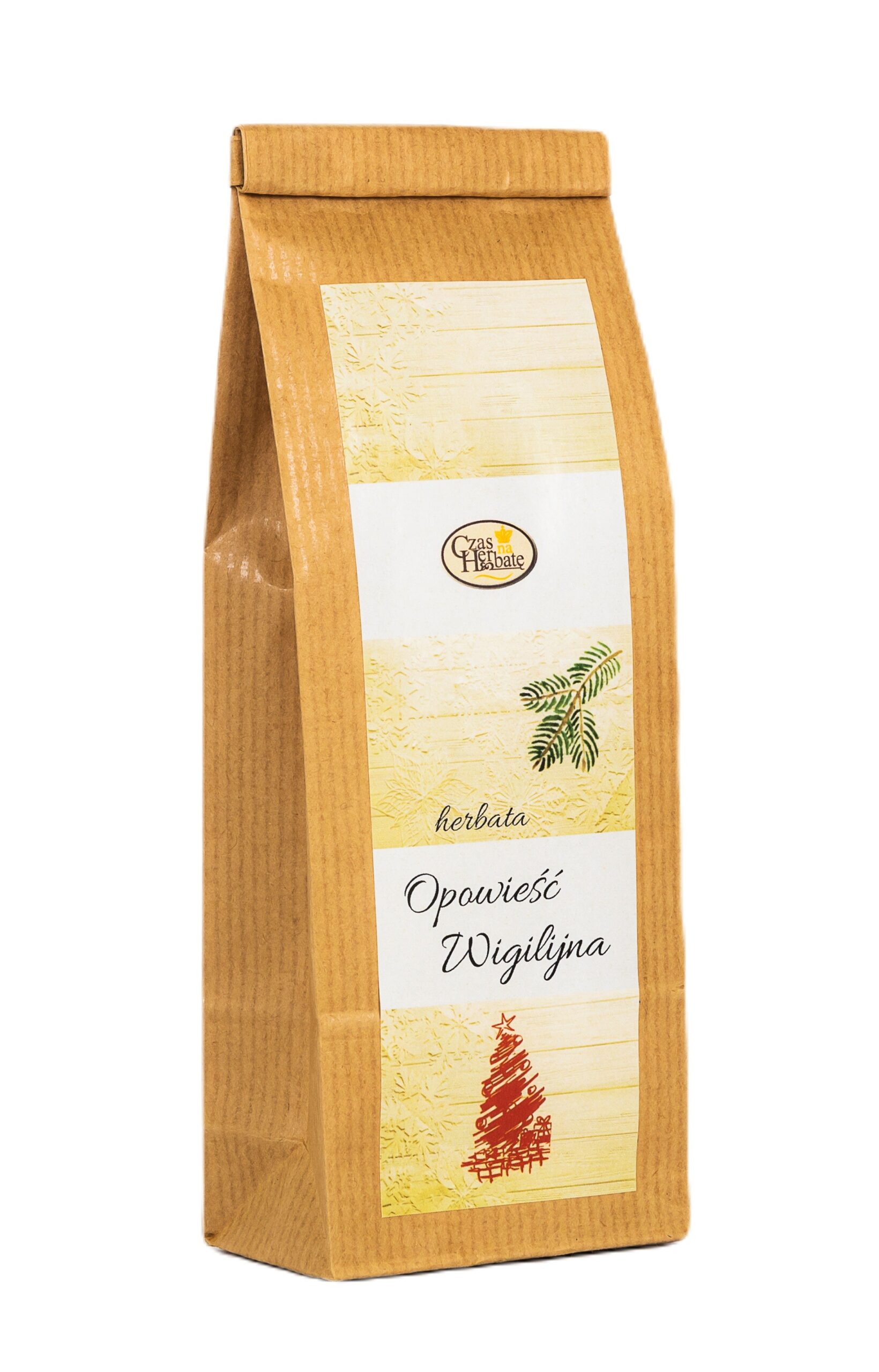 Brązowa torebka herbaty „Opowieść Wigilijna” z białą etykietą, rysunkiem choinki i gałązki oraz logo Czas na Herbatę.