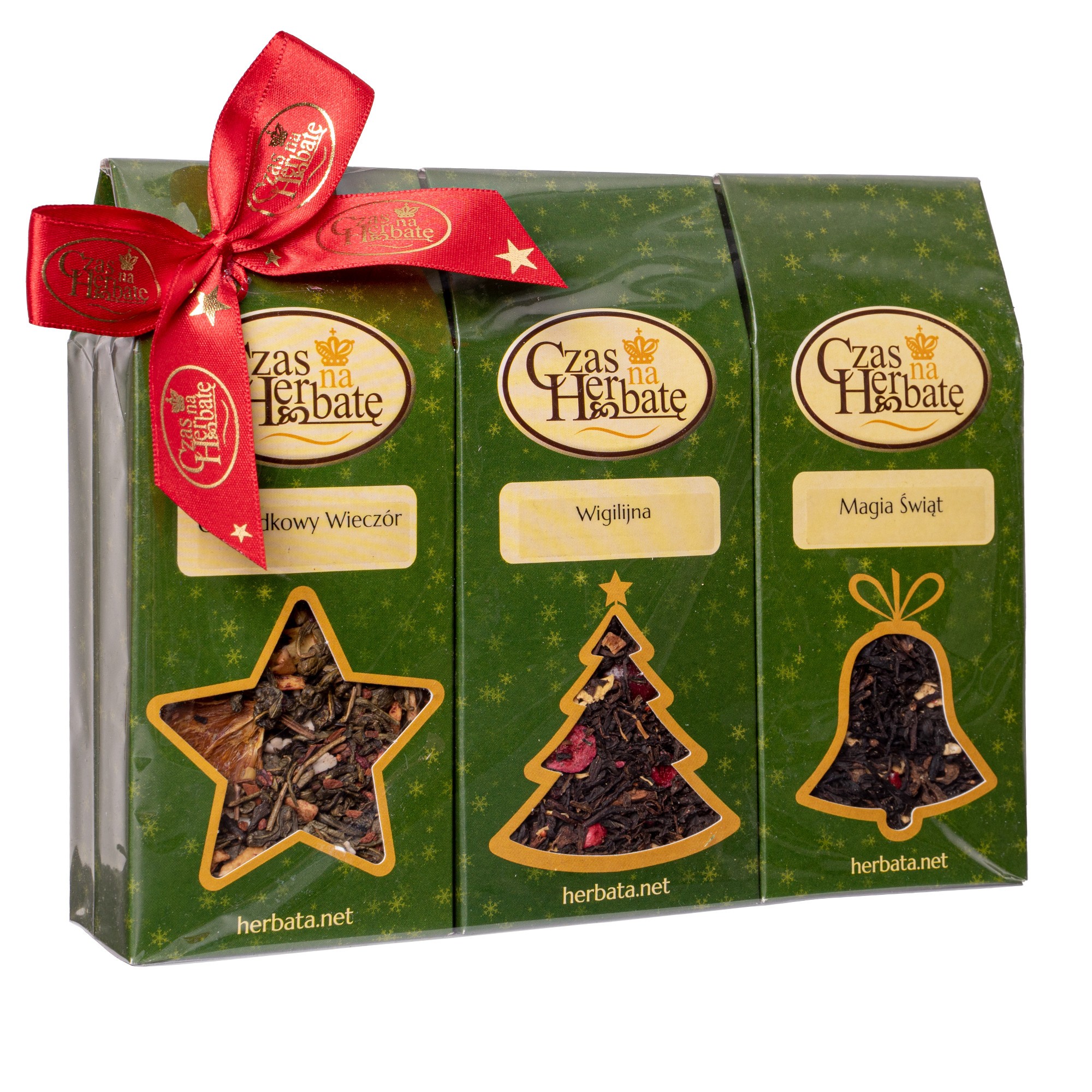 Widok z boku na trzy zielone opakowania herbaty z czerwoną kokardą z okienkami w gwiazdę, choinkę i dzwonek