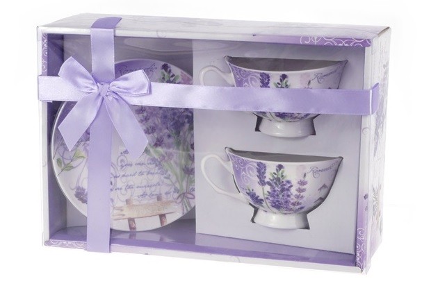 Set of two cups with purple flowers motif packed in a white and purple cardboard box tied with a purple ribbon