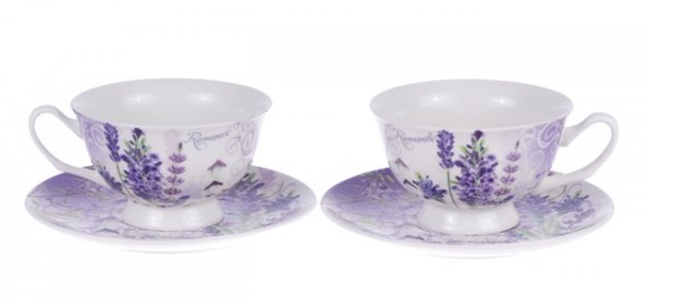 Two cups with saucers in the motif of purple flowers