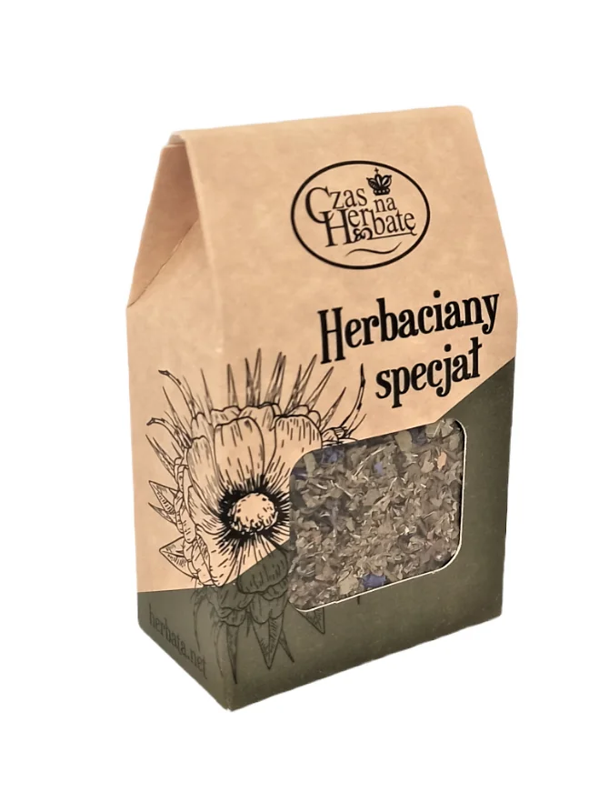 Widok z boku na zielono-beżowy karton herbaty z kwadratowym okienkiem i rysunkiem kwiatu