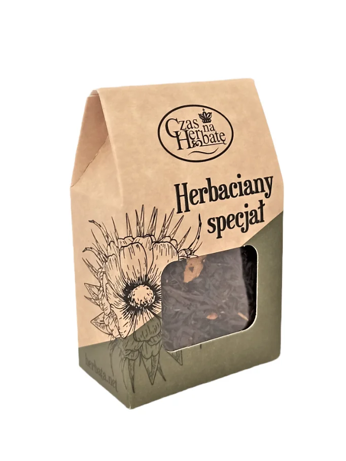 Widok z boku na zielono-beżowy karton herbaty z kwadratowym okienkiem i rysunkiem kwiatu