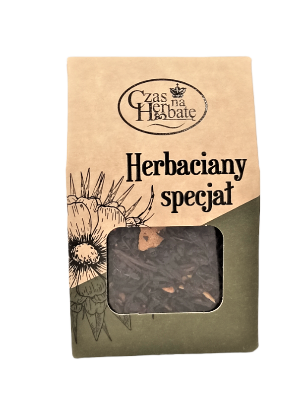 Zielono-beżowy karton herbaty z kwadratowym okienkiem i rysunkiem kwiatu