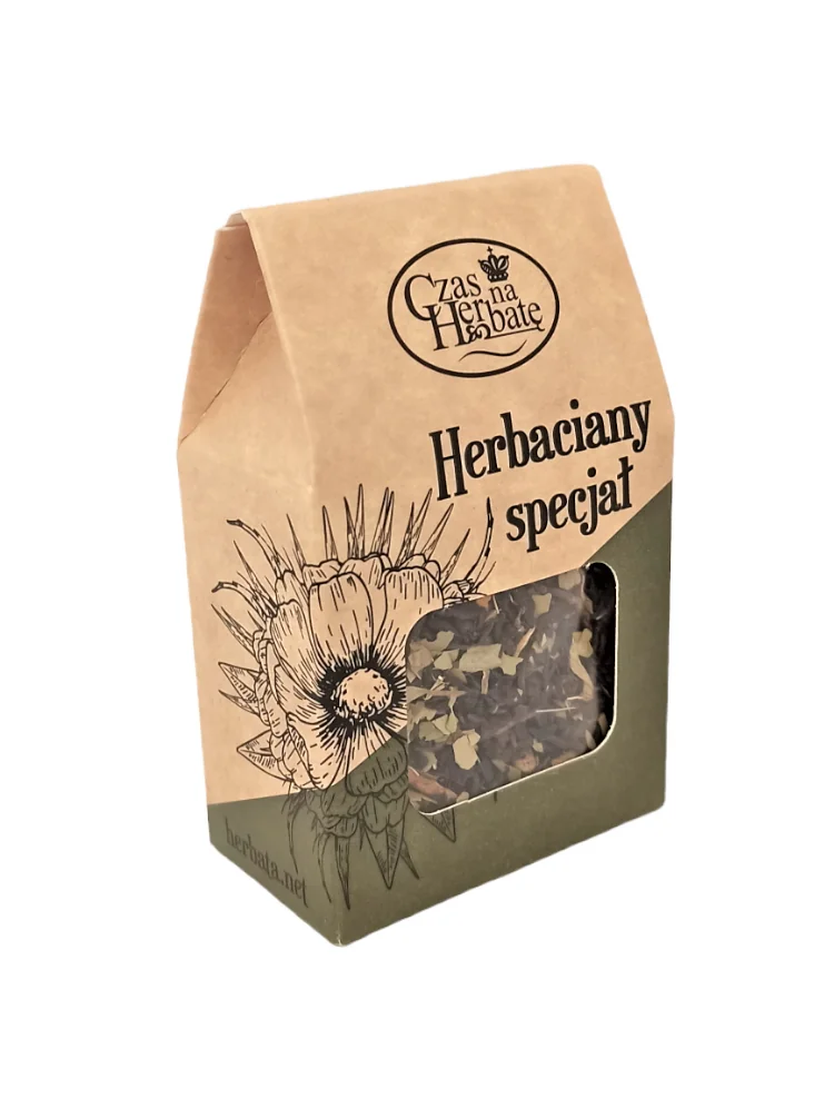 Widok z boku na zielono-beżowy karton herbaty z kwadratowym okienkiem i rysunkiem kwiatu