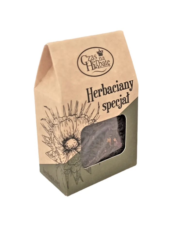 Zielono-beżowy karton herbaty z kwadratowym okienkiem i rysunkiem kwiatu