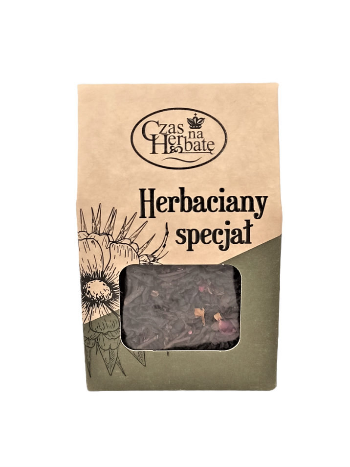 Zielono-beżowy karton herbaty z kwadratowym okienkiem i rysunkiem kwiatu