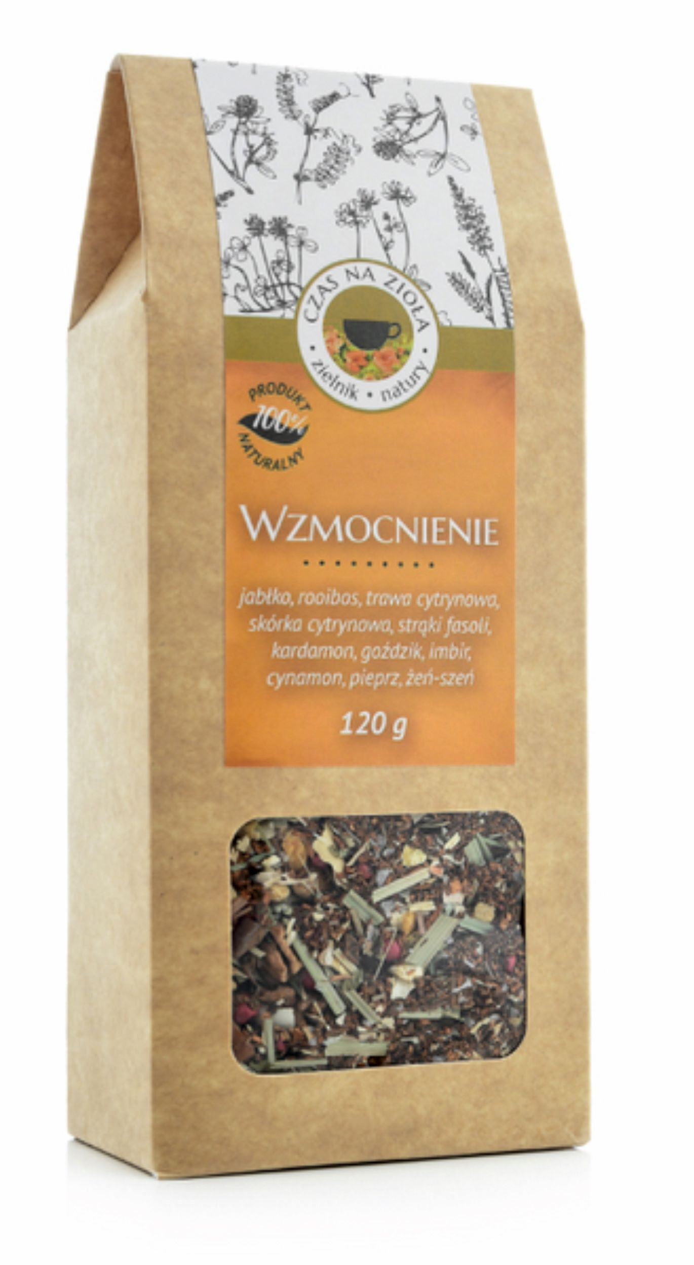 Beżowe opakowanie herbaty z kwadratowym okienkiem i pomarańczową etykietą