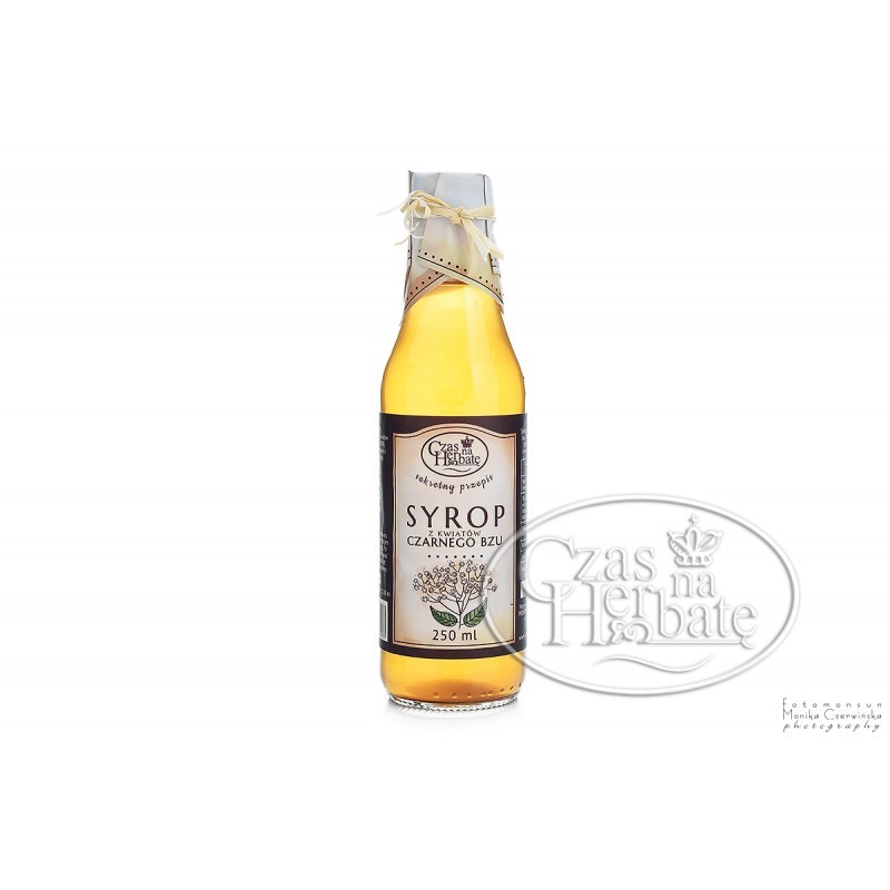 Syrop z kwiatów czarnego bzu w szklanej butelce