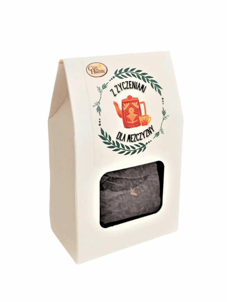 Jasne opakowanie z kwadratowym okienkiem i etykietą z rysunkiem wianka z liści