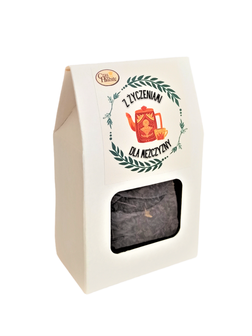 Jasne opakowanie z kwadratowym okienkiem i etykietą z rysunkiem wianka z liści