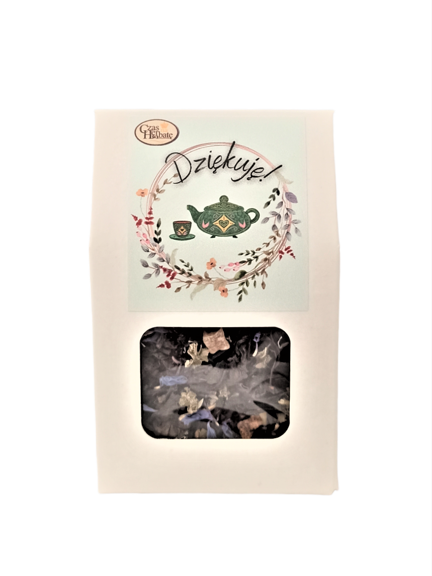 Jasne opakowanie z kwadratowym okienkiem i etykietą z rysunkiem wianka kwiatów