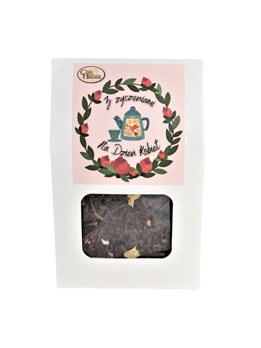 Jasne opakowanie z kwadratowym okienkiem i etykietą z rysunkiem wianka kwiatów