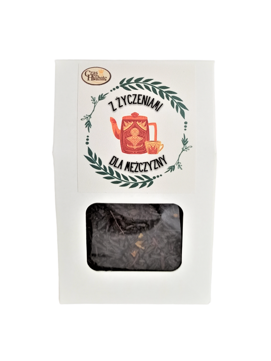 Jasne opakowanie z kwadratowym okienkiem i etykietą z rysunkiem wianka z liści