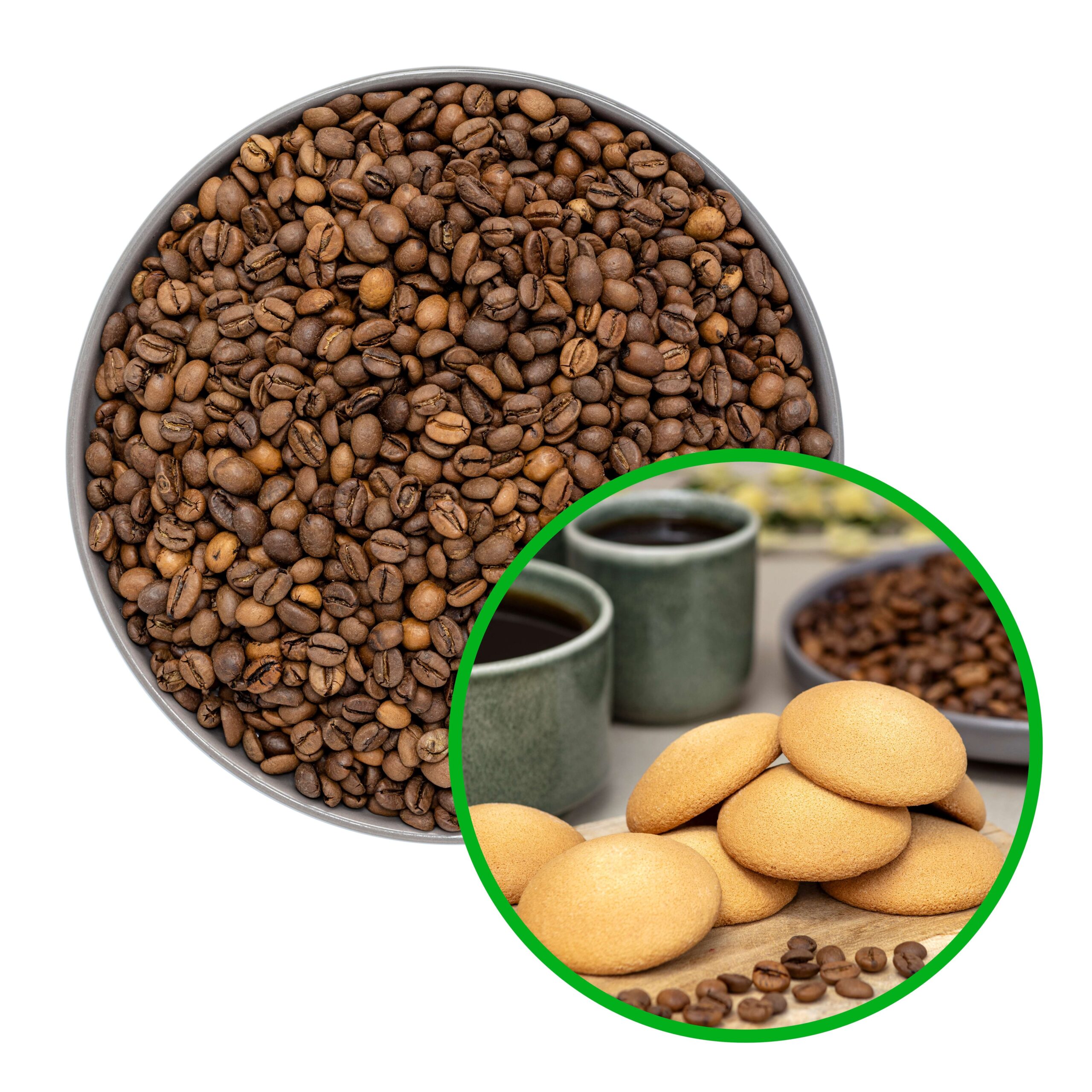 Ziarna kawy w miseczce, w dolnym prawym rogu nałożone zdjęcie z okrągłymi ciasteczkami, filiżankami oraz ziarnami kawy na tle.