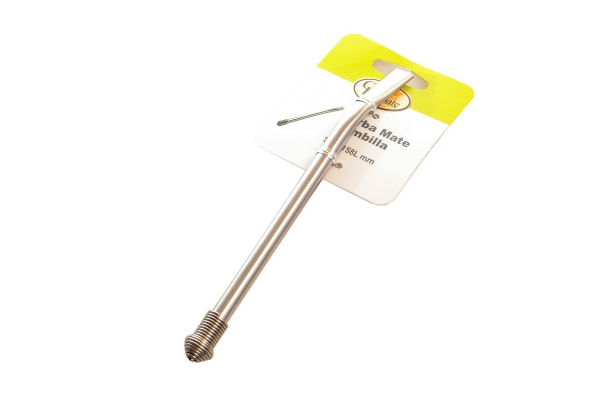 Bombilla ending in a spiral with a pinned white label