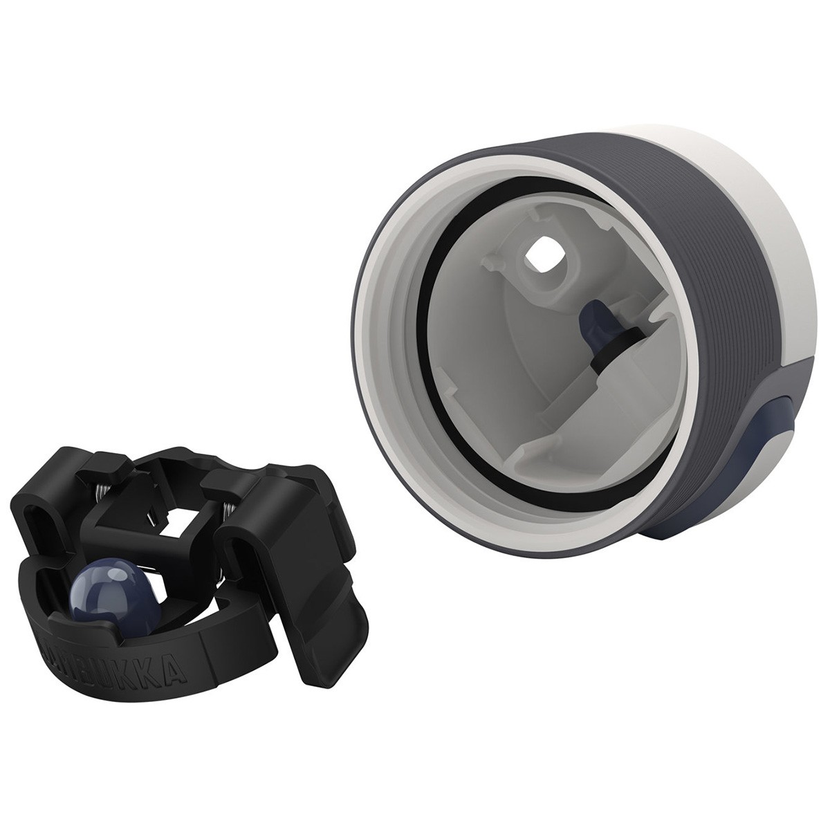 Biała zakrętka kubka termicznego z granatowymi zdobieniami