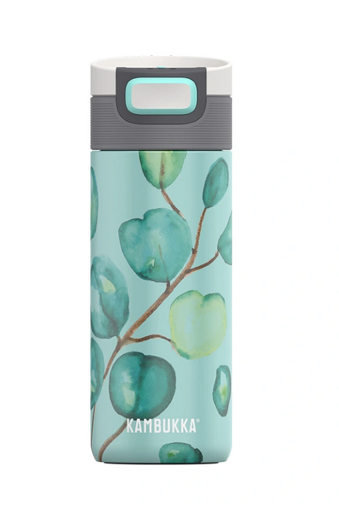 Zielony kubek termiczny Kambukka z rysunkiem gałęzi z liśćmi