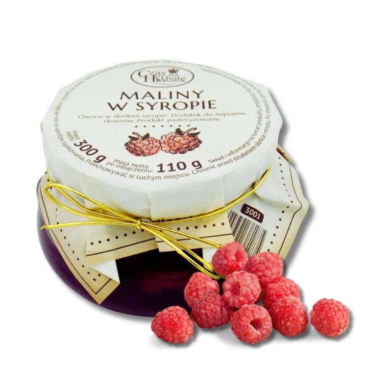 Słoiczek z białą etykietą nałożoną na wieczko i obwiązaną złotą gumką, obok maliny