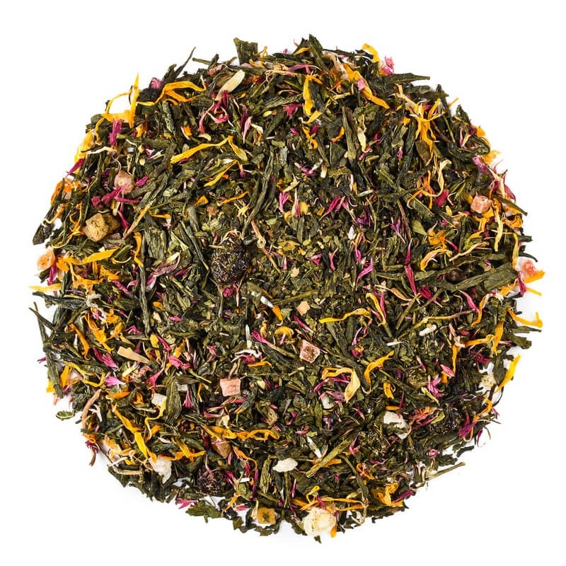 Herbata zielona z dodatkiem ananasa, papai, żurawiny, mango, liści papai, bławatka, nagietka