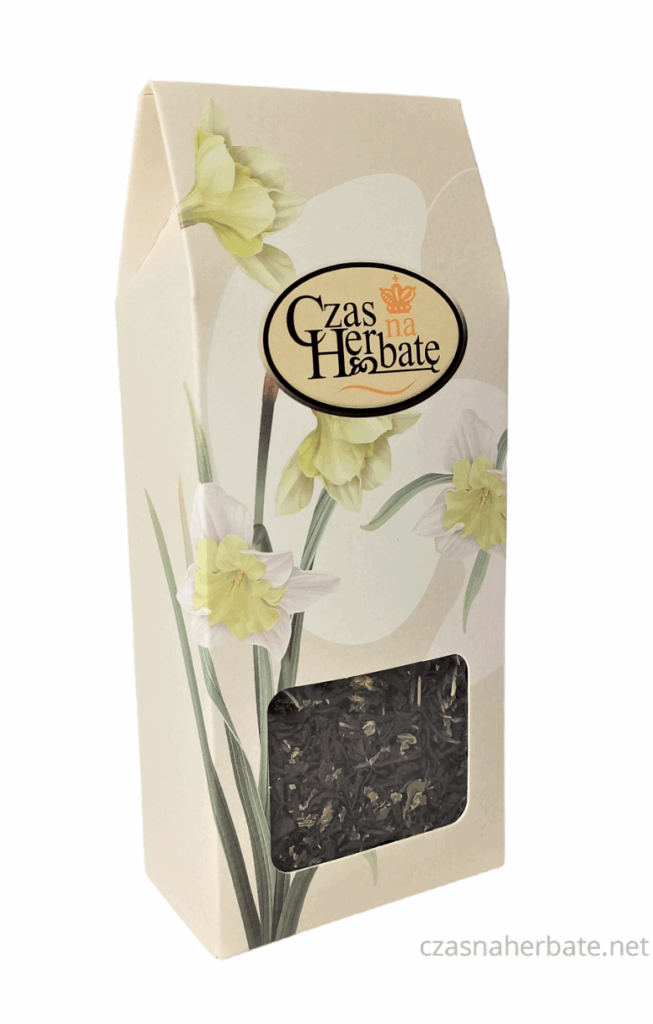 Jasne opakowanie z kwadratowym okienkiem i rysunkiem żonkili