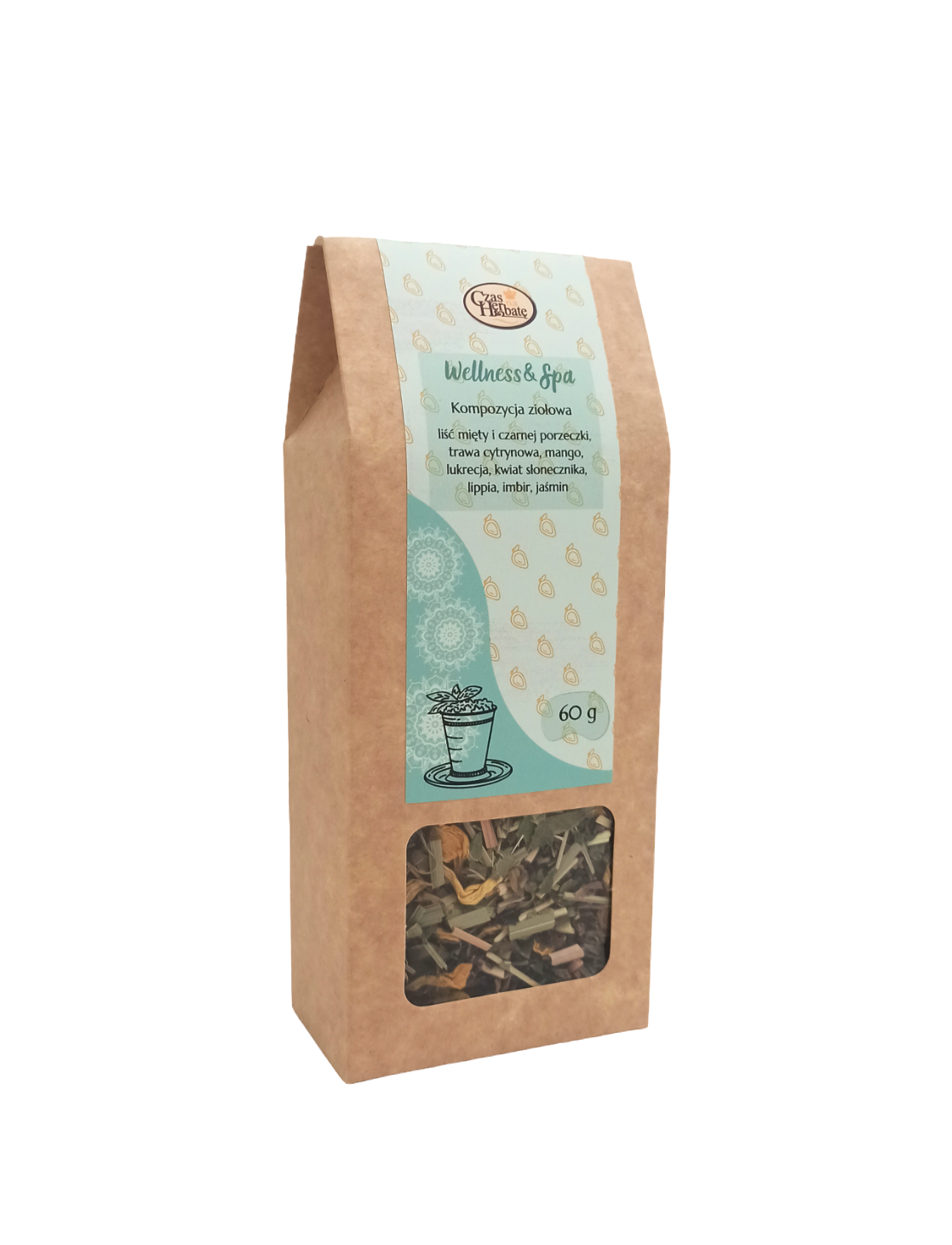 Widok z boku na beżowe opakowanie herbaty z kwadratowym okienkiem i zieloną etykietą