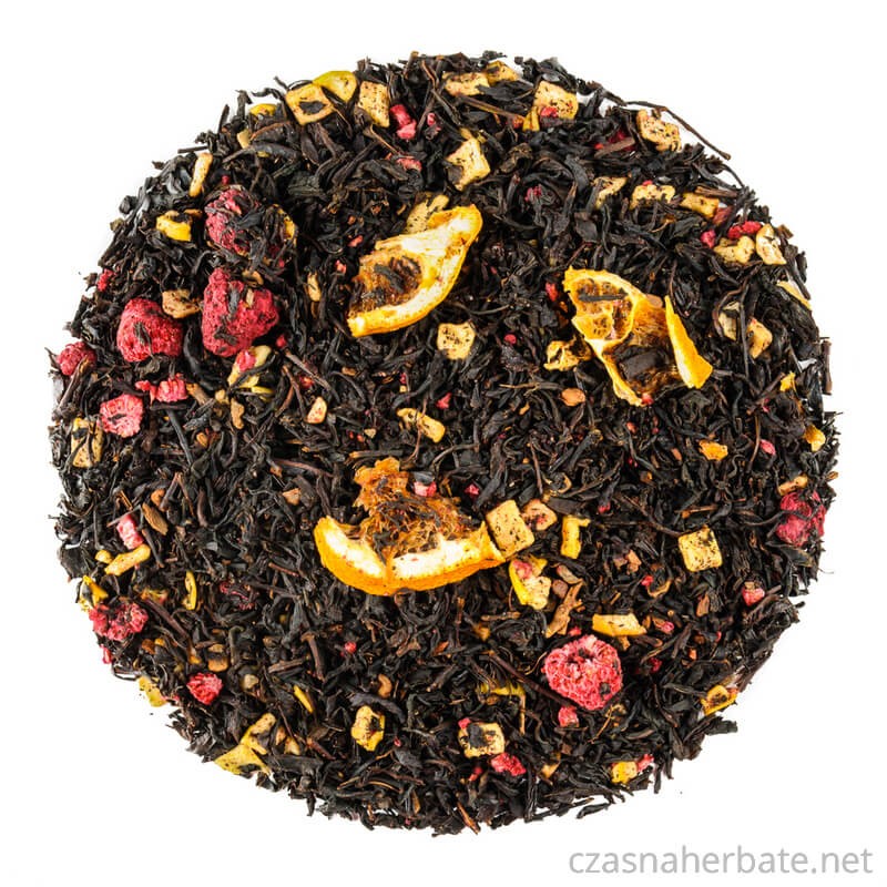 Liście czarnej herbaty z dodatkiem malin, jabłka i pomarańczy