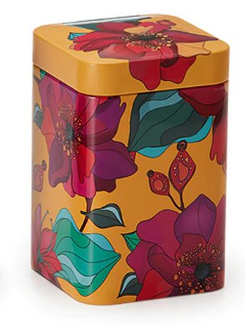 Zółta kwadratowa puszka z motywem kwiatowym