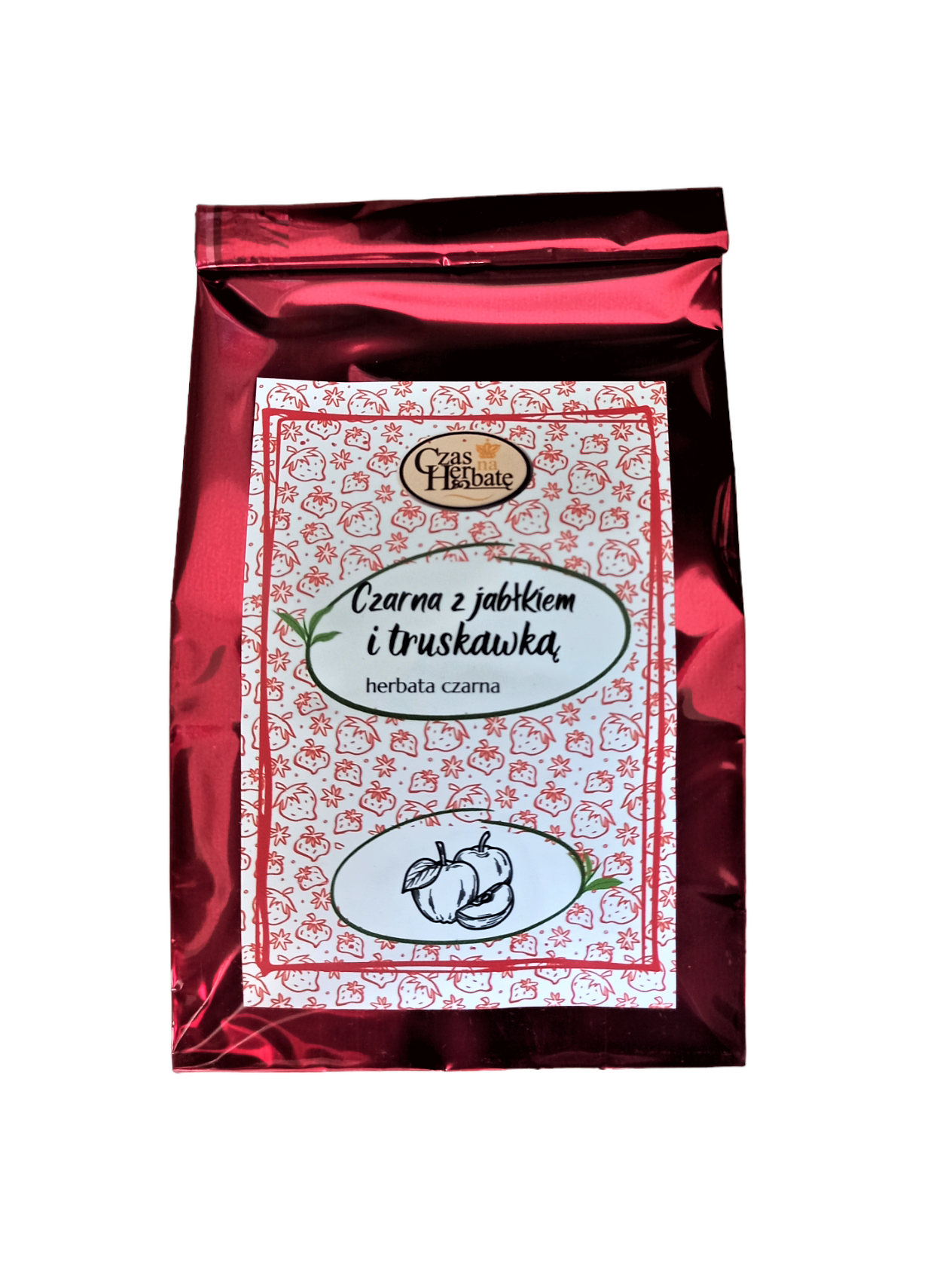 Czerwone błyszczące opakowanie herbaty z białą etykietą w rysunki truskawek