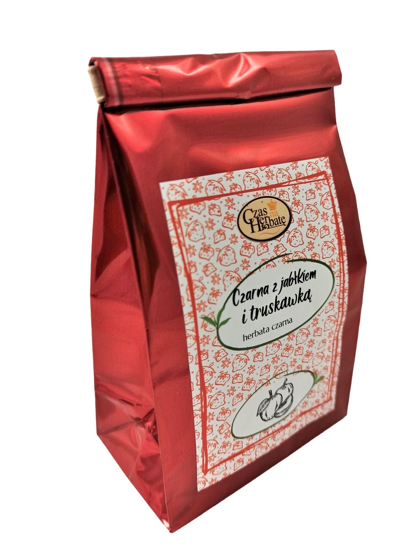 Widok z boku czerwone błyszczące opakowanie herbaty z białą etykietą w rysunki truskawek