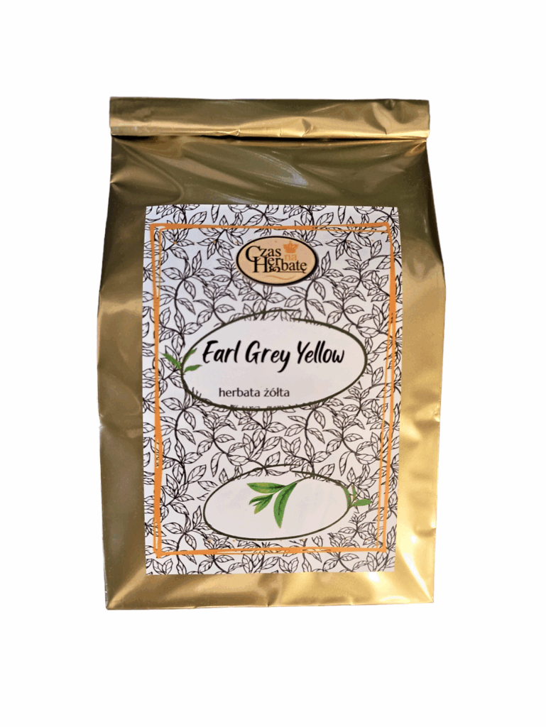 Złote błyszczące opakowanie herbaty z białą etykietą z rysunkami liści