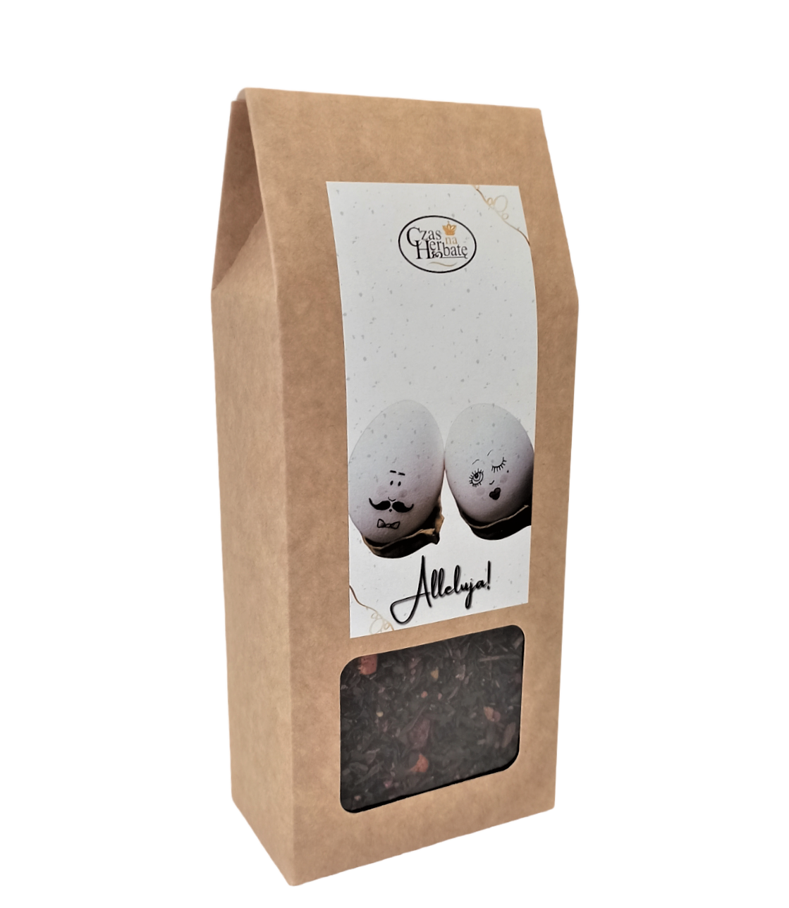 Beżowe opakowanie z kwadratowym okienkiem i białą etykietą z rysunkiem dwóch jajek