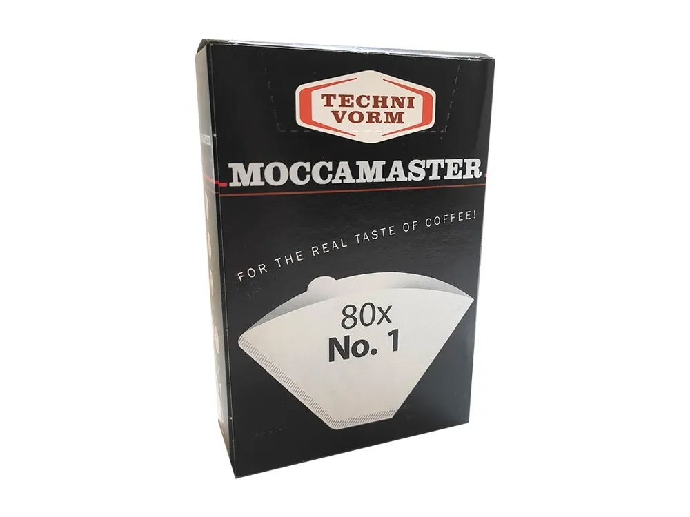 Widok z boku na czarne pudełko Techni Vorm z rysunkiem filtra do kawy