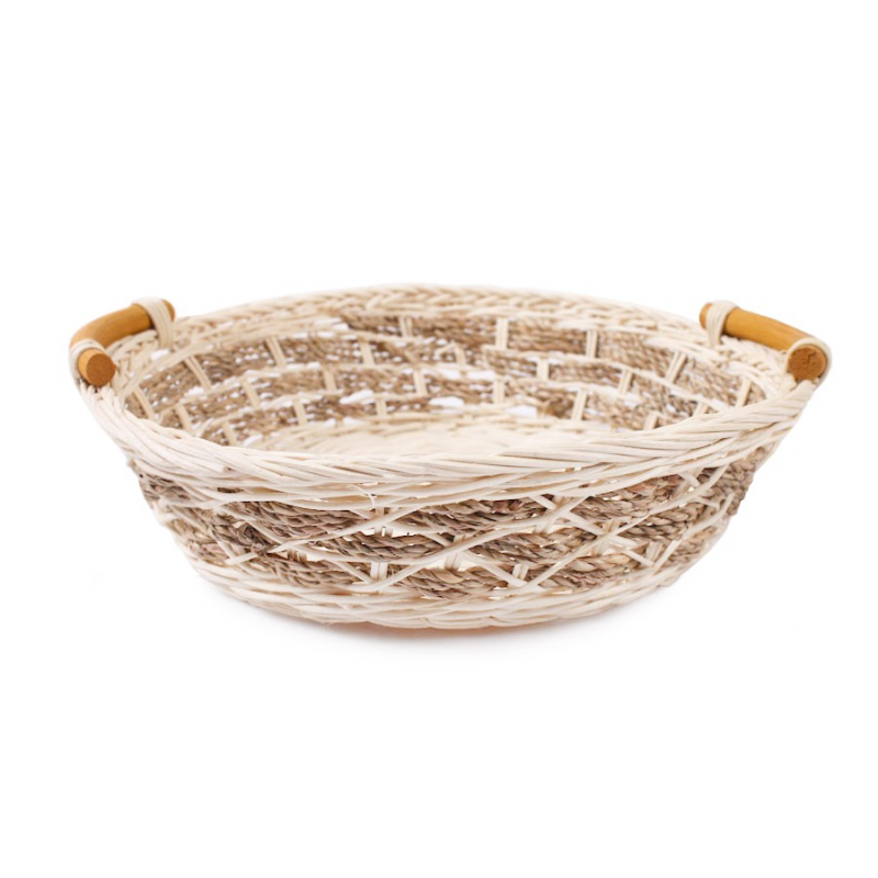 Niski okrągły koszyk z drewnianymi rączkami