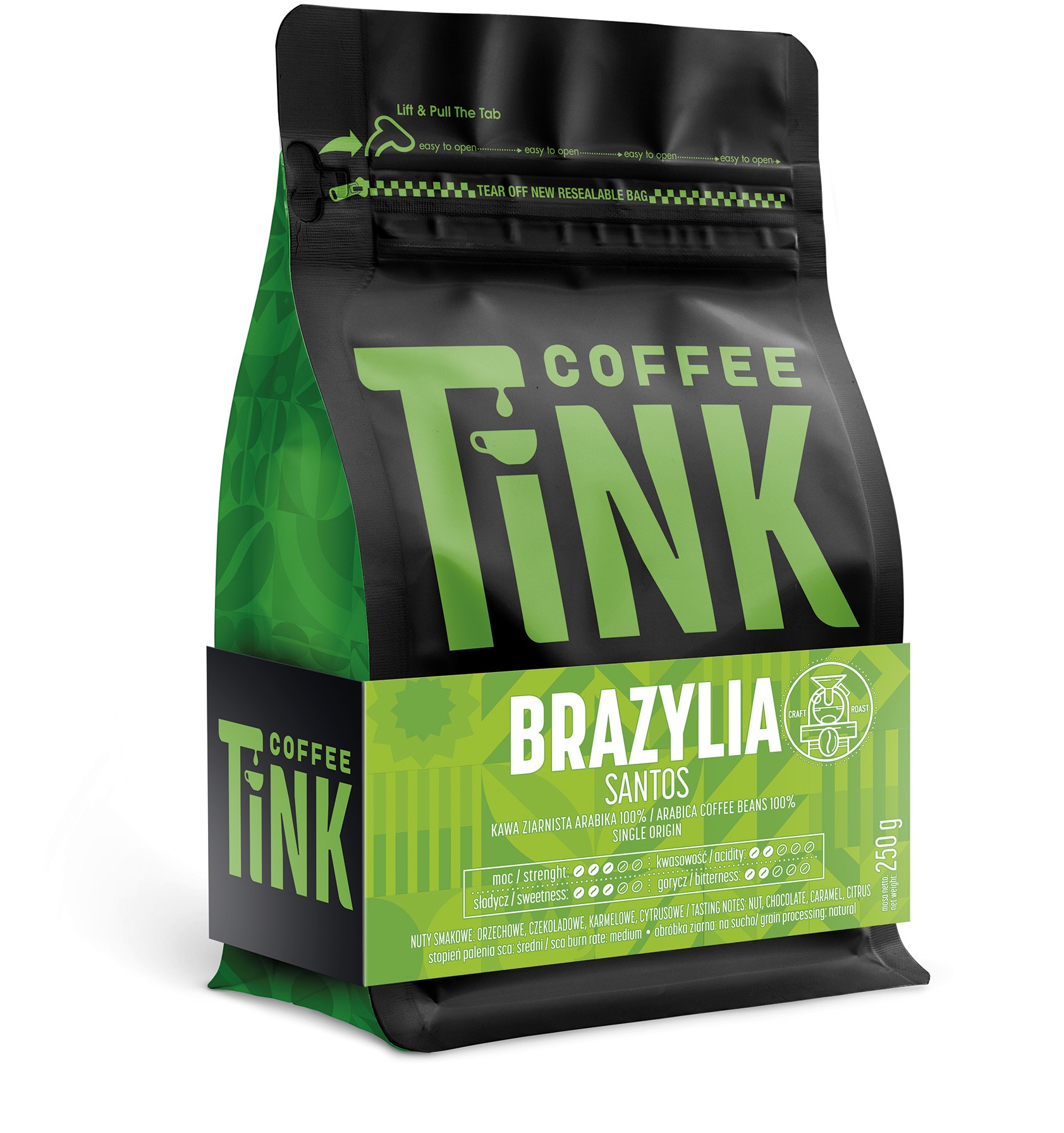 Czarne opakowanie kawy Coffee Tink z zieloną etykietą