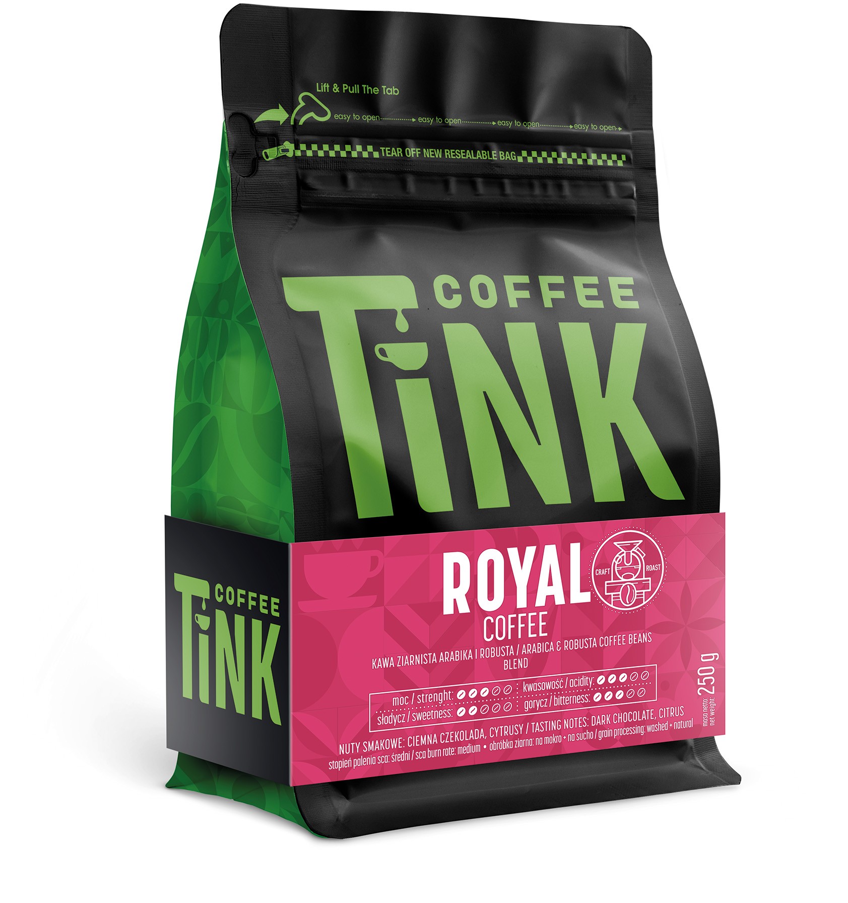 Czarne opakowanie kawy Coffee Tink z różową etykietą