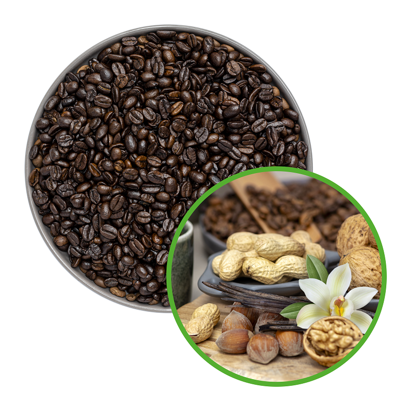 Ziarna kawy w szarym, okrągłym naczyniu, obok kwiat wanilii, orzechy laskowe i orzechy ziemne