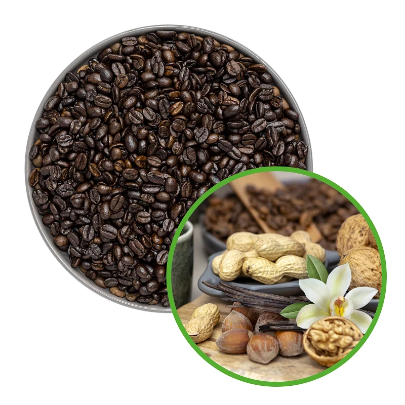 Ziarna kawy w szarym, okrągłym naczyniu, obok kwiat wanilii, orzechy laskowe i orzechy ziemne