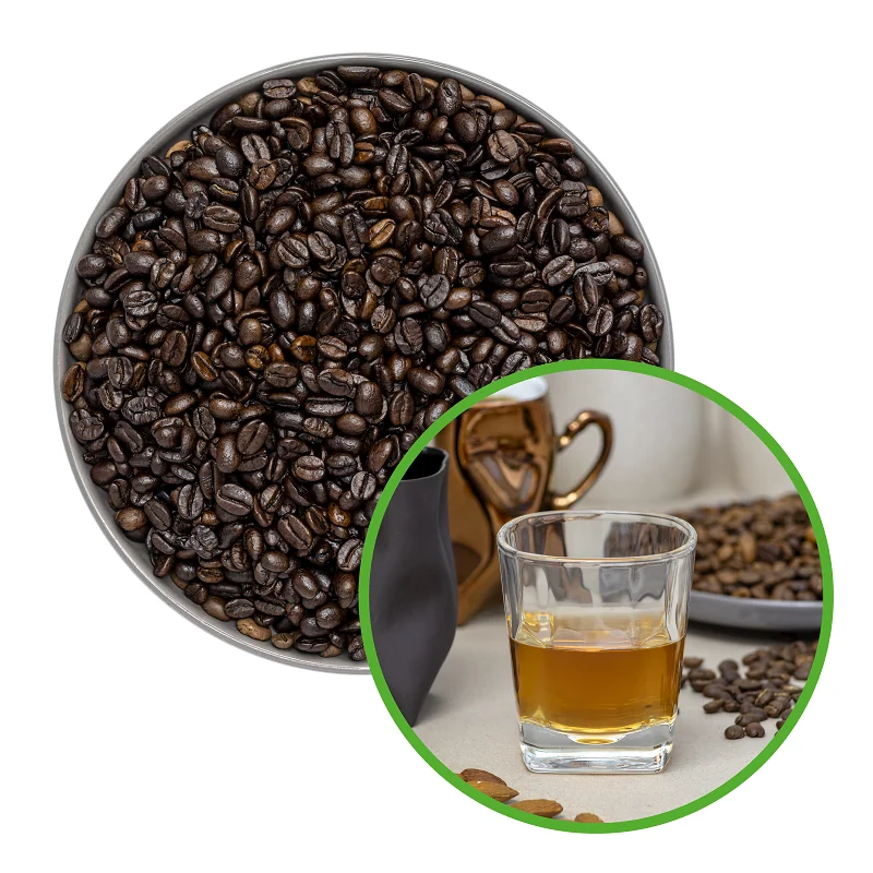 Coffee beans in a round gray vessel, next to a whiskey glass