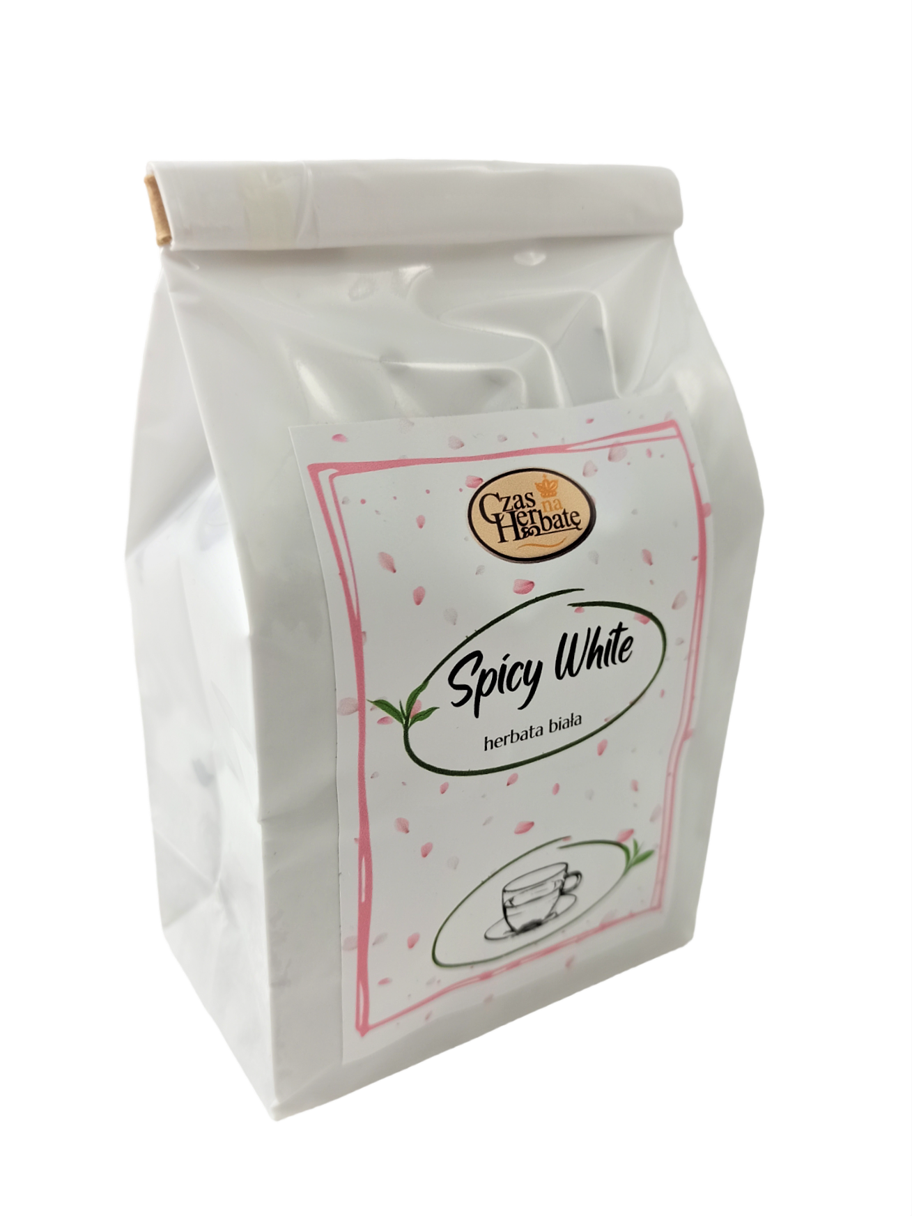 Widok z boku na białe błyszczące opakowanie herbaty z biała etykietą